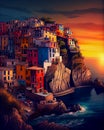 An Illustration of colorful homes along Mediterranean coast under sunset, AI Generated image