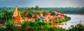 illustration of colorful homes in Indian village in South India with tall Hindu temples