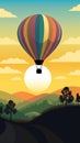 Illustration of colorful hot air balloon ascending into the sky at sunrise.