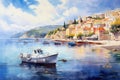 Illustration of the colorful houses in Rovinj, Croatia, Colorful seashore city landscape view with dinghy boats floating on the Royalty Free Stock Photo