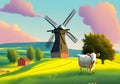 Illustration of a Colorful and idyllic countryside with Grazing Cows, Windmill, and Blue Sky With clouds