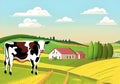 Illustration of a Colorful and idyllic countryside with Two Grazing Cows, a House and Blue Sky With clouds