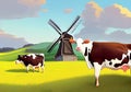 Illustration of a Colorful and idyllic countryside with Two Grazing Cows, Windmill, and Blue Sky With clouds Royalty Free Stock Photo