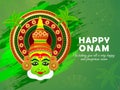 Illustration of colorful Kathakali dancer face mask on green traditional background for celebration harvest festival of south