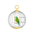 Illustration of colorful little bird in cage. Green singing finch. Hanging cell in round shape. Domestic canary. Flat Royalty Free Stock Photo