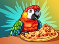 illustration of a colorful parrot enjoying a pizza