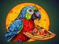 illustration of a colorful parrot enjoying a pizza