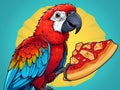 illustration of a colorful parrot enjoying a pizza