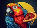 illustration of a colorful parrot enjoying a pizza