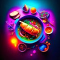 Illustration of a colorful plate of indian food on black background Generative AI