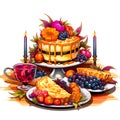 Illustration of colorful pumpkin pies grapes, vegetables, fruits, candles. Pumpkin as a dish of thanksgiving for the harvest, Royalty Free Stock Photo