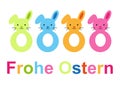 Illustration of colorful rabbit teethers with Happy Easter text on white background