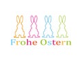 Illustration of colorful rabbits and `Happy Easter` in German on a white background