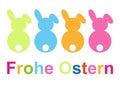 Illustration of colorful rabbits and `Happy Easter` in German on a white background