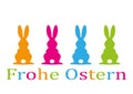 Illustration of colorful rabbits and `Happy Easter` in German on a white background