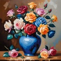 Colorful roses in blue vase