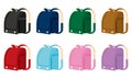 Illustration of 8 colorful school bags. It has no outline. (Black, navy blue, green, brown, red, light blue, pink and purple