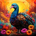 Illustration of colorful turkey around flowers in the background sunset, Paint, Watercolor. Turkey as the main dish of