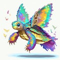 Illustration of a colorful turtle on a white background with butterflies. generative AI