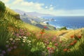 Illustration of Colorful wildflowers along the Pacific Coast in California, Humanly enhanced and AI-Generated image