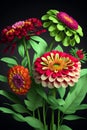 Illustration of colorful zinnia flowers with green leaves on black background