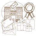 Illustration for coloring an ancient post office. Wild West image outline envelopes, sealing wax and gifts