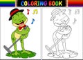 Coloring book cartoon frog singing