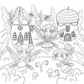 illustration coloring page of magical fairies in fairytale village. Coloring page for adults antistress and for children fairy