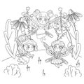 illustration coloring page of magical fairies among flowers. Coloring page for adults antistress and for children