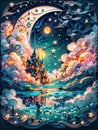 Illustration colourful landscape with moon background