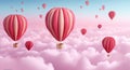 illustration of colourful pink hot air ballons flying over pink clouds