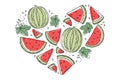 Illustration colourful watermelon slices in the shape of a heart. Doodle style. Isolated object on white background