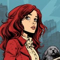 Illustration in a comic book style of a pretty, white woman with red hair