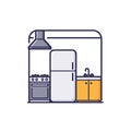 Illustration of a compact kitchen featuring a stove with a range hood, a refrigerator, Royalty Free Stock Photo