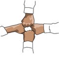 illustration of compactness with the symbol of 4 hands gathering and solid illustration of a clenched fist on a white background Royalty Free Stock Photo