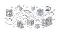 An illustration of a complex network of servers and data storage systems in a cloud computing environment Royalty Free Stock Photo