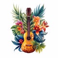 Illustration of the composition of guitar, drinks and palm leaves