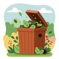 Illustration of a compost bin in a garden setting. The open bin is filled with leaves in Royalty Free Stock Photo
