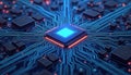 Illustration of computer motherboard featuring chip, processor, semiconductors on blue technology themed background with Royalty Free Stock Photo