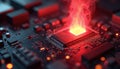 Illustration of computer motherboard with a glowing red CPU and rising smoke. It symbolizes hardware failure and malfunction tech Royalty Free Stock Photo