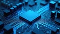 Illustration of a computer processor on a circuit board in blue tones. Digital tech concept for design elements or backgrounds. Royalty Free Stock Photo