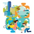 Illustration concept of Green City, people live in eco friendly life style, clean environment and electric vehicle