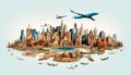 illustration concept travel globe earth plane europa city map global. Generative AI.