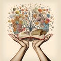 Illustration of conceptual art collage of hands holding a book on which appears a brain full of ideas and knowledge