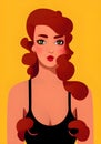 Illustration of a Confident Woman with Fiery Red Hair, Captivating Big Eyes, Full Lips, and Elegant Black Dress