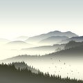 Illustration of coniferous forest on hills in fog. Royalty Free Stock Photo