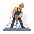 Illustration of a construction worker operating a jackhammer. He wears a yellow hard Royalty Free Stock Photo
