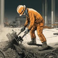 Construction worker using jackhammer on concrete slab Royalty Free Stock Photo