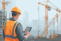 Illustration of a construction worker using a tablet for project management on site. Generative AI. Royalty Free Stock Photo
