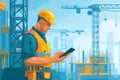 Illustration of a construction worker using a tablet for project management on site. Generative AI. Royalty Free Stock Photo